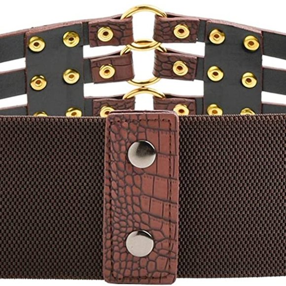 Womens Faux Leather 5 Metal Rings Wide Waist Belt